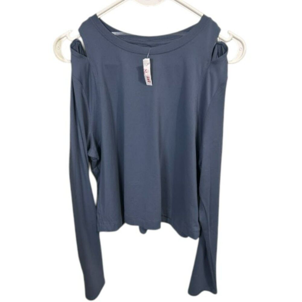 Plus Size Blue Long Sleeve Cutout Shoulder Top – Casual Lightweight Stretchy